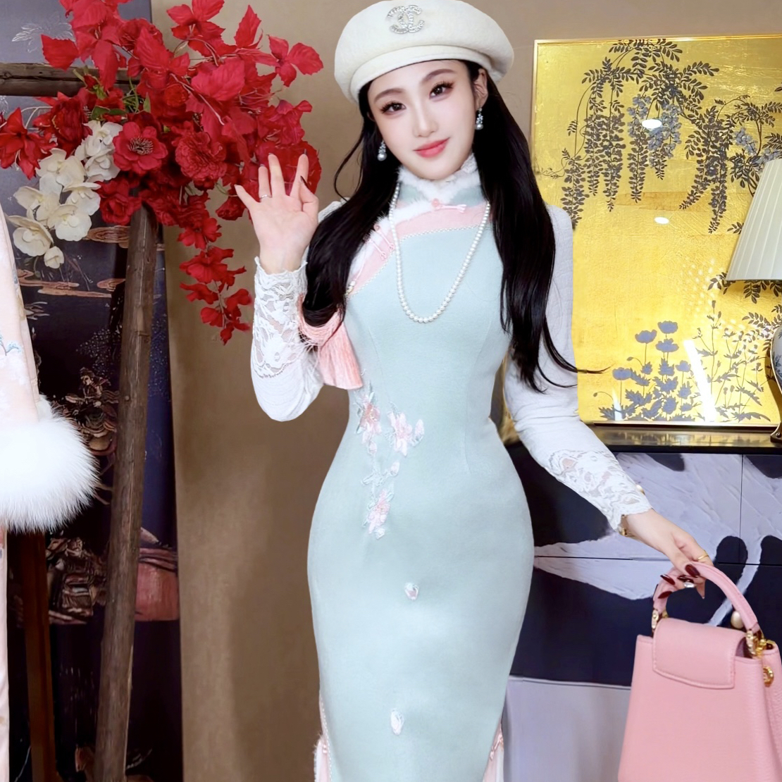 【媛珠 浅樱青瓷旗袍】重工羊毛刺绣时尚套装秋冬收腰国风显瘦长款