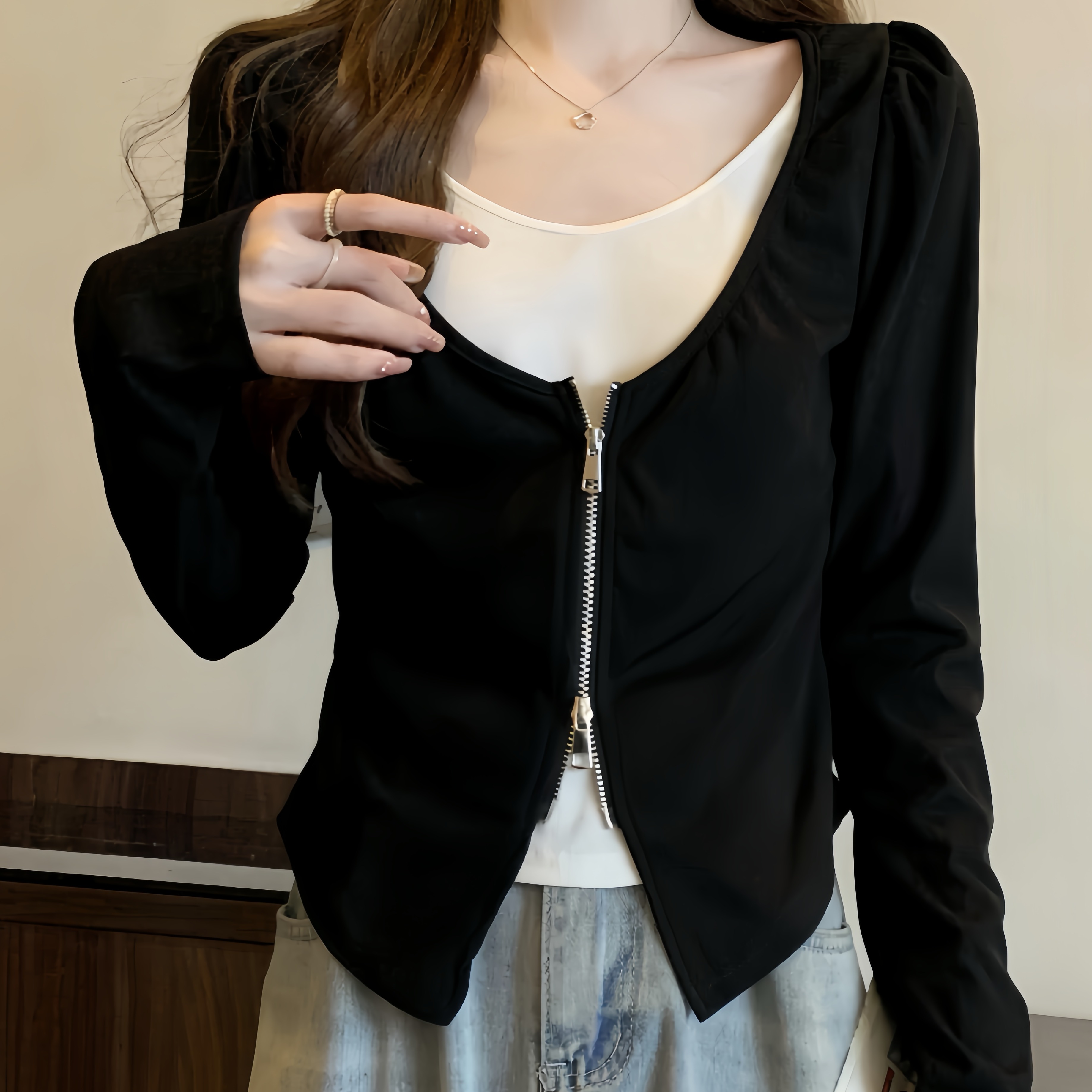 胖MM7店13027秋季大码洋气显瘦假两件设计感拉链V领气质女t恤上衣