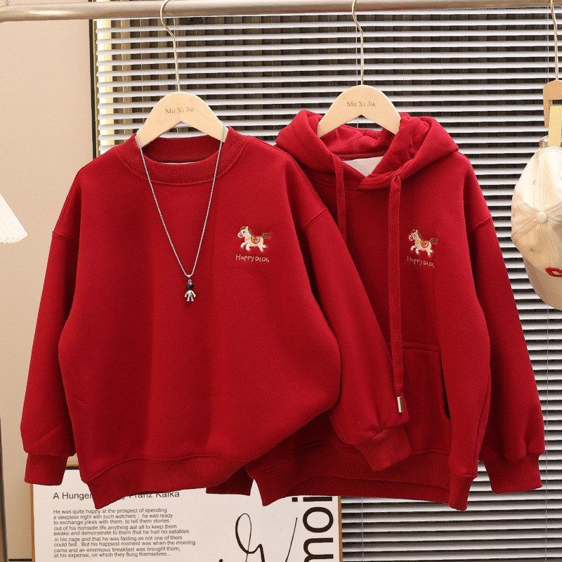 男童加绒新年红色卫衣小马刺绣冬装中大童加厚保暖宽松拜年服上衣