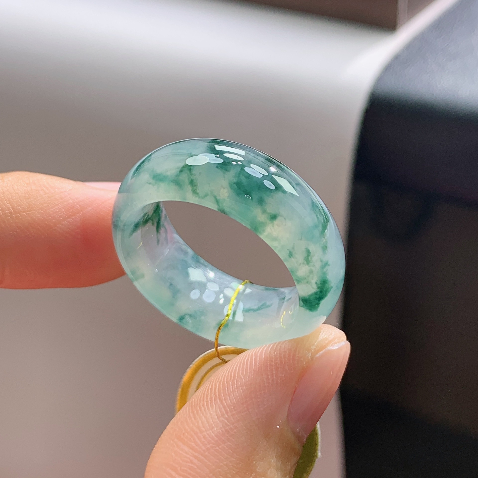 20-21号圈天然缅甸翡翠A货冰飘蓝花轮胎翡翠戒指19.2*9.4*3.9mm