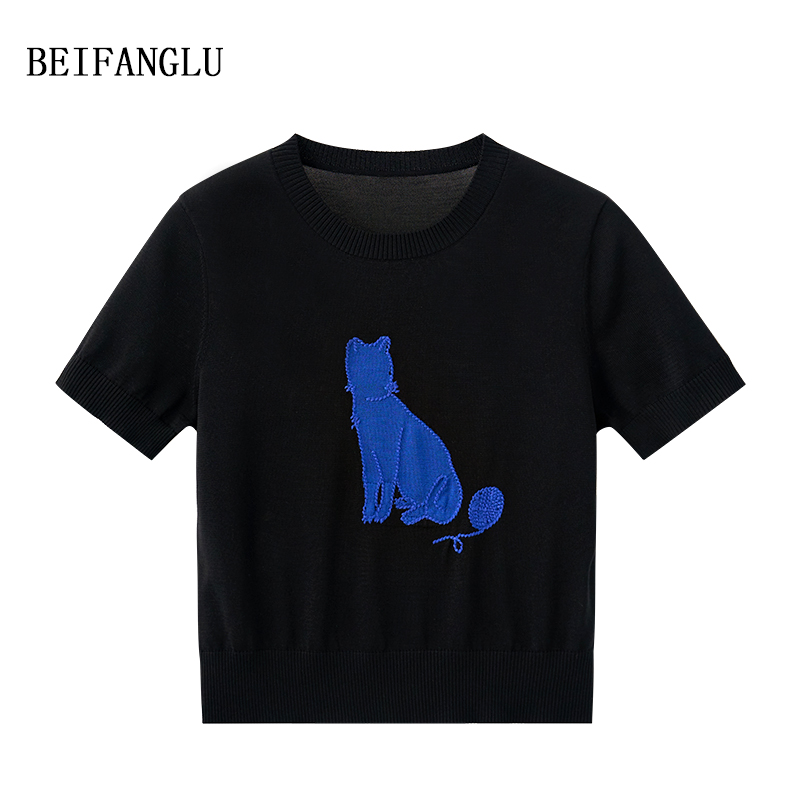 北方鹿 猫咪针织T莱赛尔醋酯桑蚕丝薄针织短袖女26528