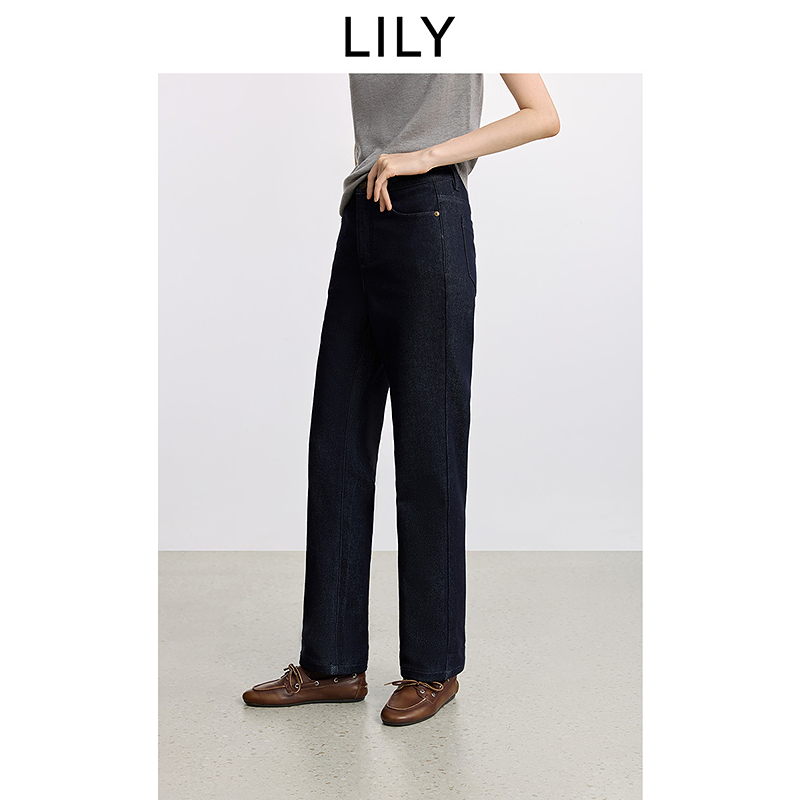 LILY2025冬新款原色休闲通勤加厚小脚直筒裤牛仔裤女125429GJ918