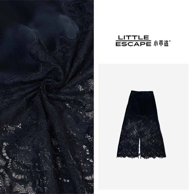 小乖逃黑色半裙醋酸半裙下摆拼蕾丝开叉松紧腰A摆半身裙N95010