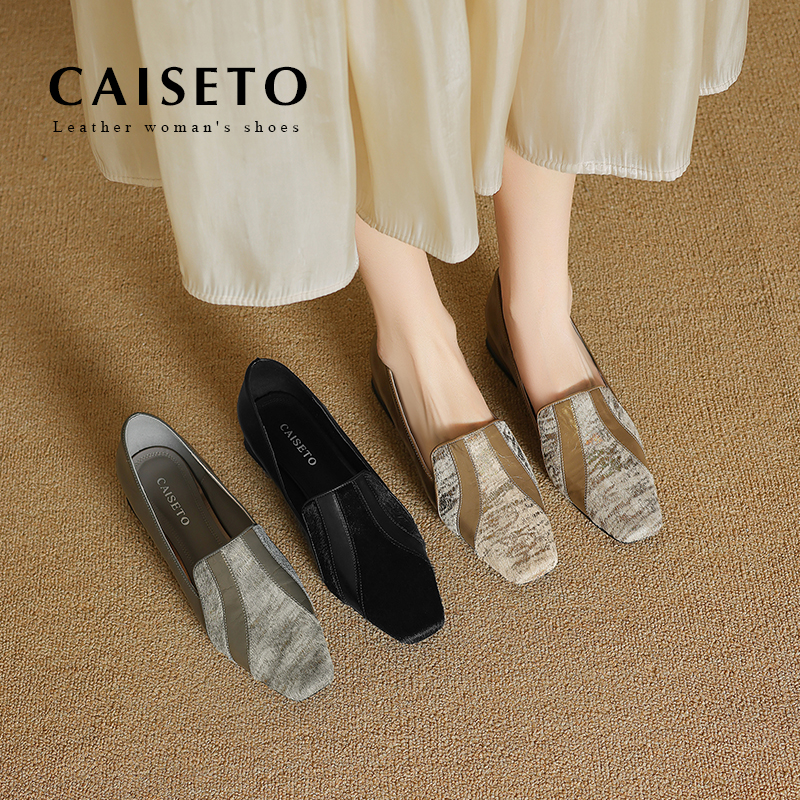 【香槟色】牛皮/3cm/新款方头真皮低跟单鞋软面平底深口女鞋25D036