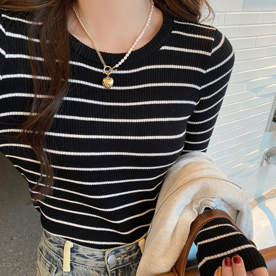 针织衫女秋冬2024年新款爆款条纹打底衫毛衣内搭早秋长袖洋气上衣