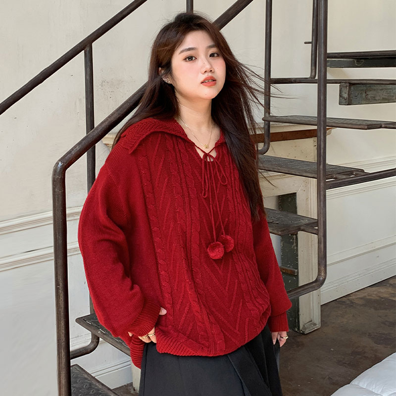 300斤特大码女装冬季加厚红色慵懒氛围感毛衣女保暖百搭减龄上衣