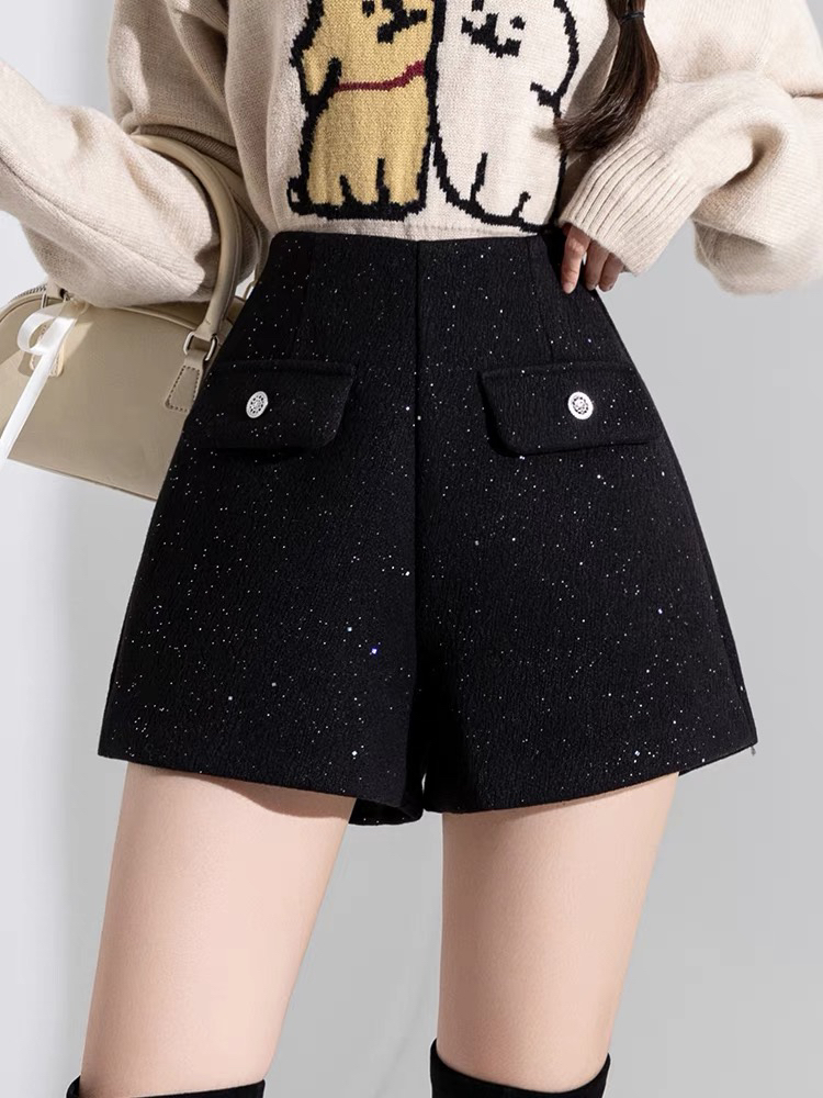 小香风闪闪亮片毛呢短裤女2024秋冬a字高腰显瘦直筒阔腿外穿靴裤