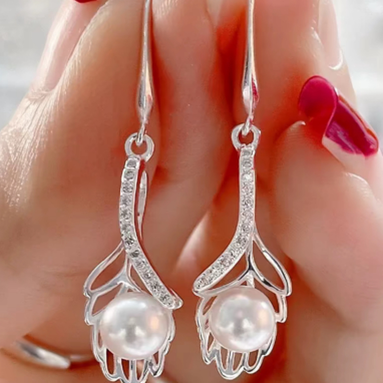 足银990一叶生财淡水珍珠微镶锆叶子耳环0360