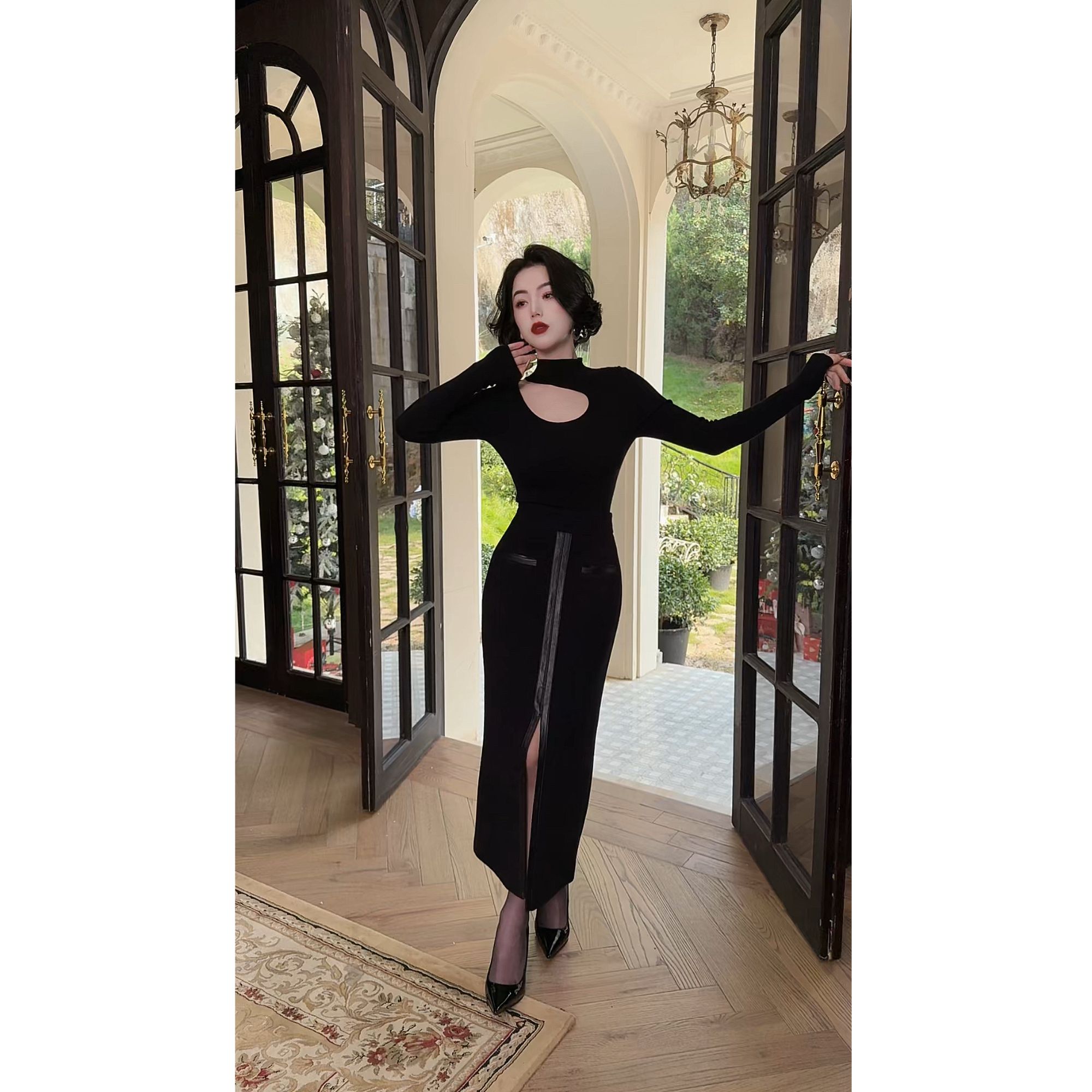 LYXJ【极简格调】秋冬轻奢时尚休闲气质黑色直桶拼皮半身裙12745