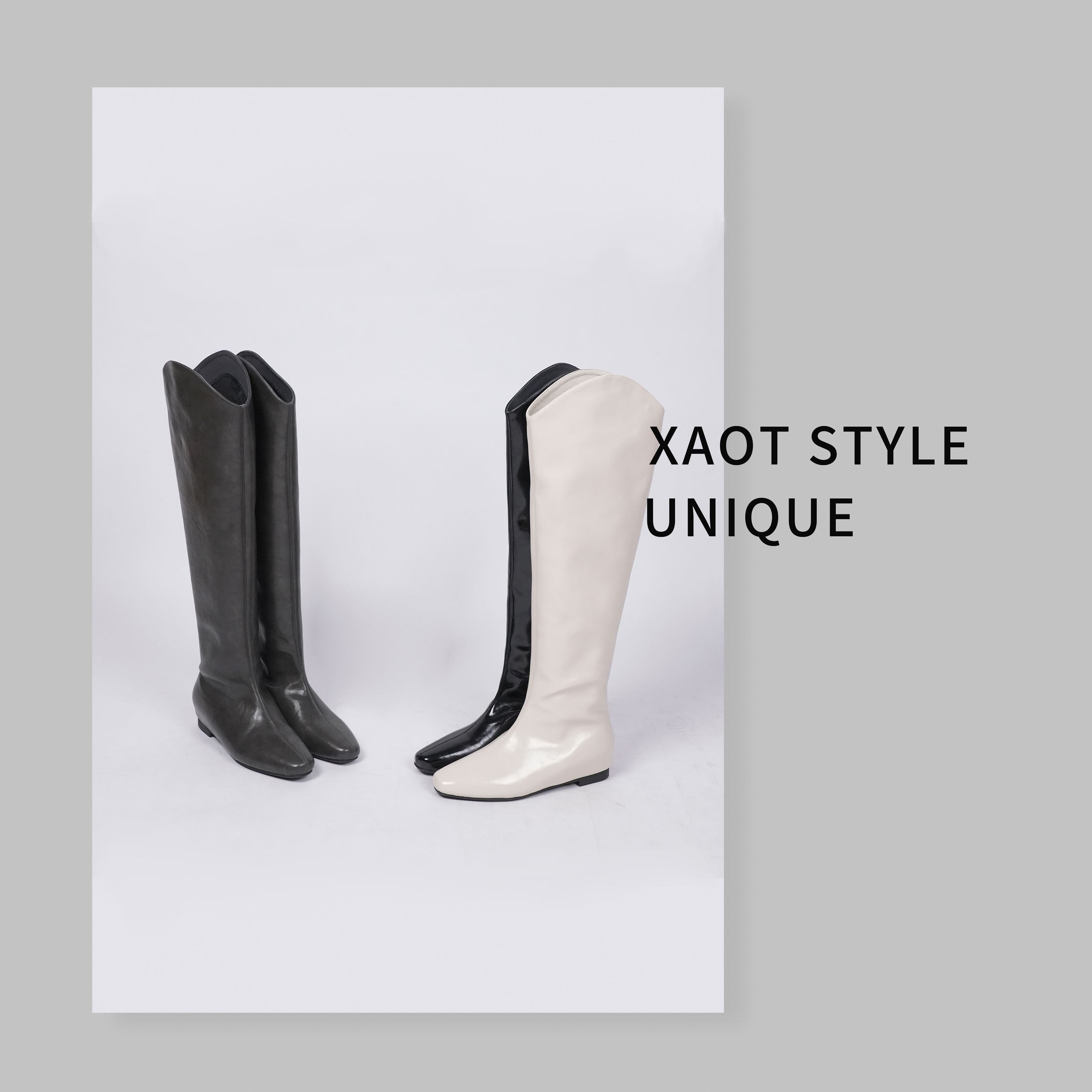 一棠·2025冬季新款真皮美式复古风V口长靴尖头粗跟骑士靴88735