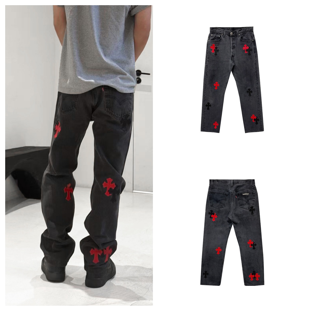 Chrome Hearts/克罗心Drake配色黑红漆皮十字黑灰牛仔裤