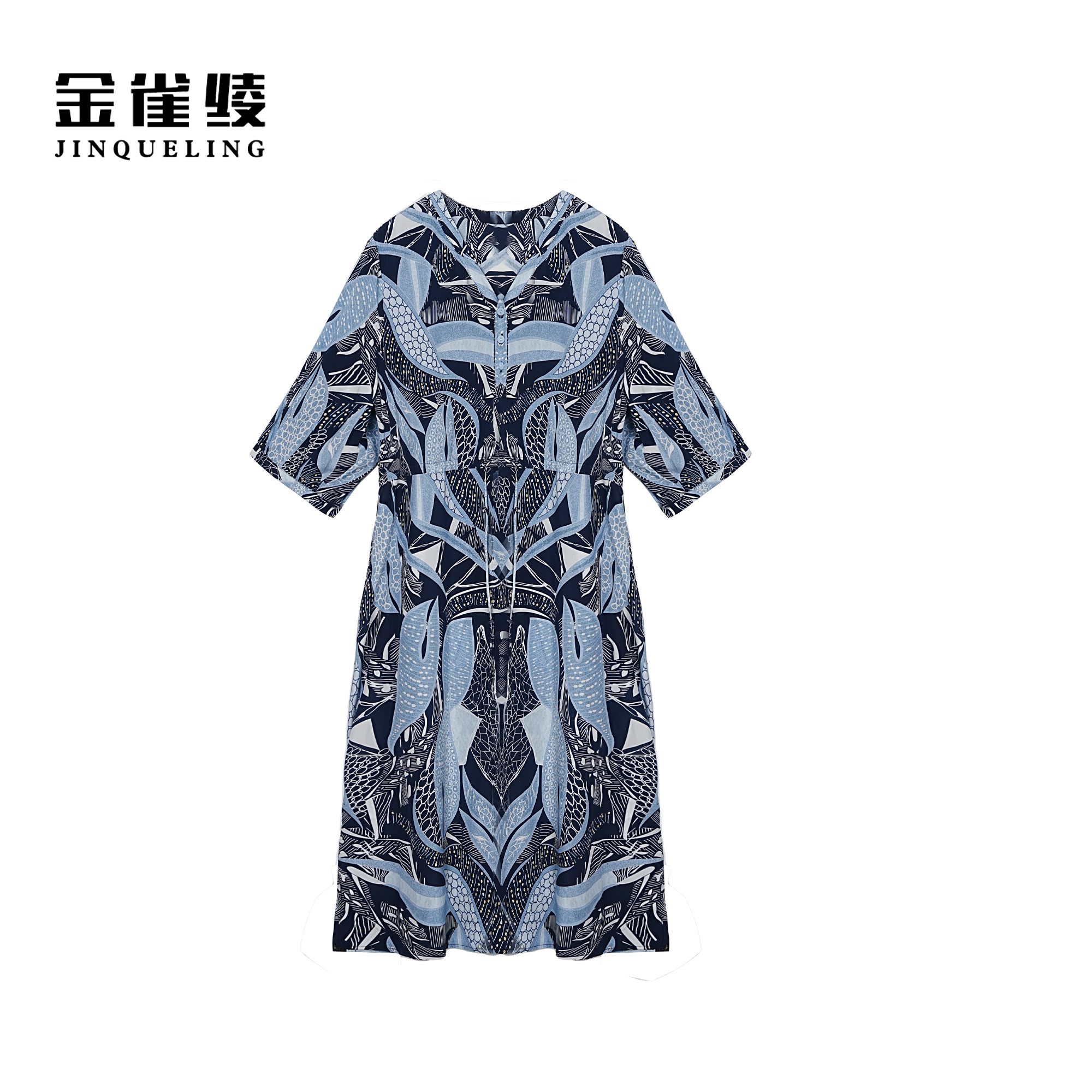 金雀绫【蓝色港湾】桑蚕丝气质印花宽松加宽加大女装连衣裙SZA1L202