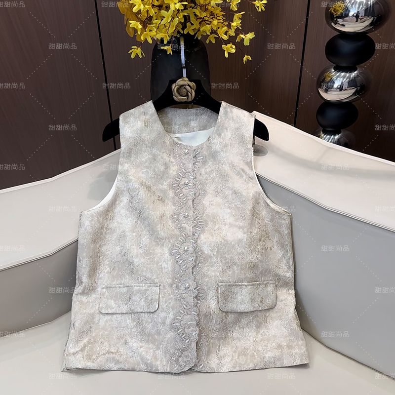 新中式复古晕染重工刺绣时尚国风马甲女2025春蕾丝拼接小香风坎肩