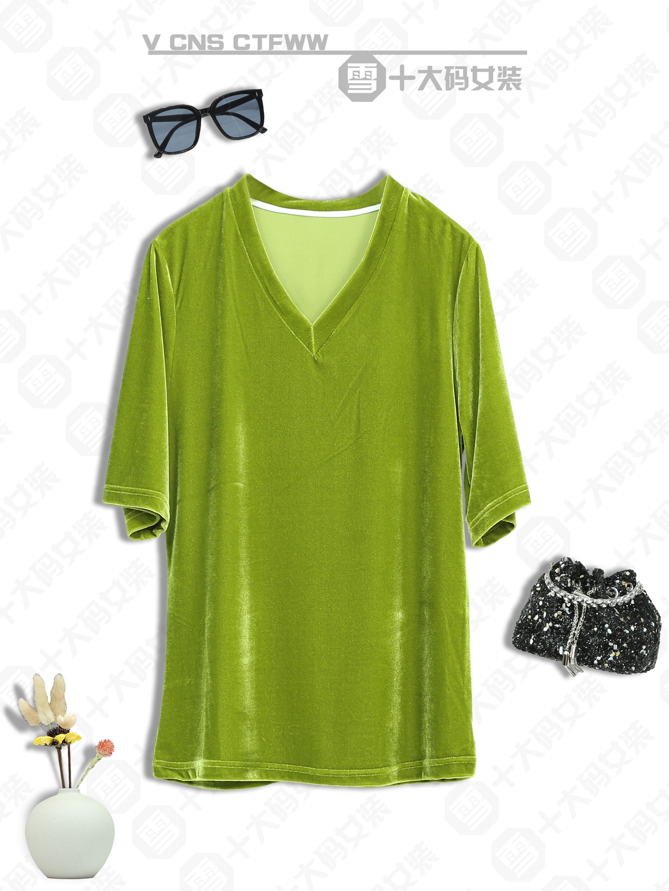 (套装）V领短款丝绒半袖上衣+阔腿裤国风丝绒简约优雅套装时尚百搭