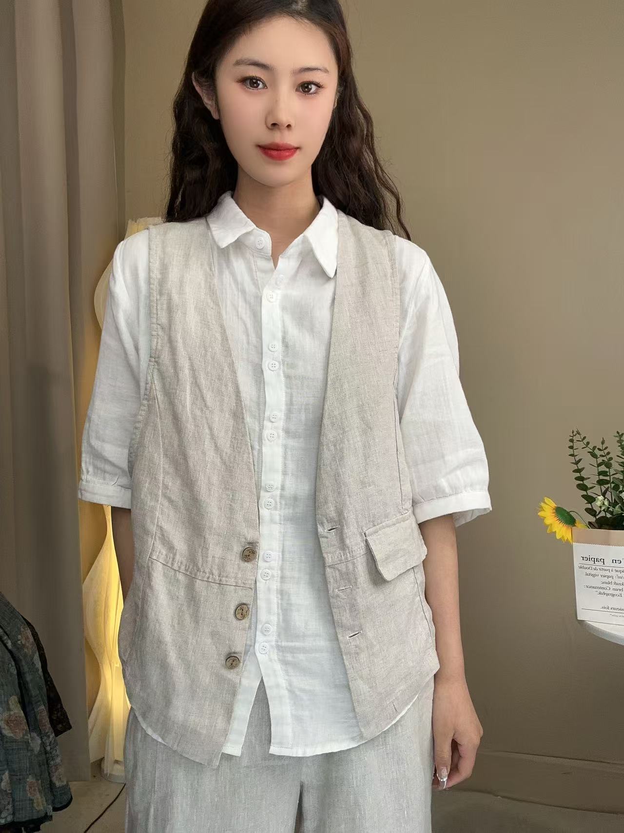 7106夏季纯色亚麻V领宽松百搭无袖马甲休闲外搭