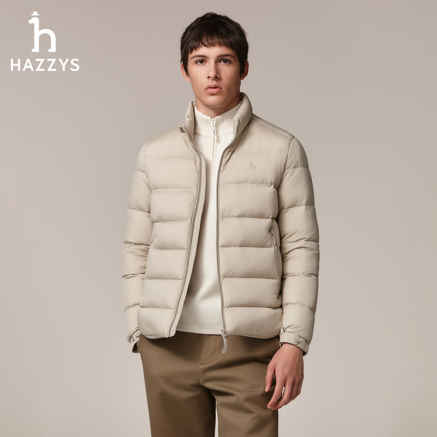 HAZZYS哈吉斯冬季男士保暖立领羽绒服短款轻奢外套时尚男装休闲