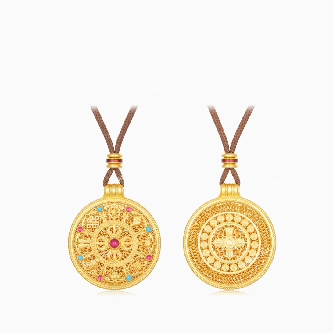 铜合金布艺吊坠 新中式五福如意八宝罗盘吊坠项链复古国潮饰品