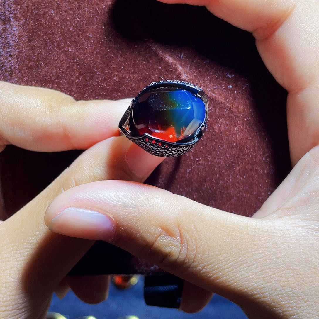 蓝珀裸石银S925镶嵌恶魔之眼