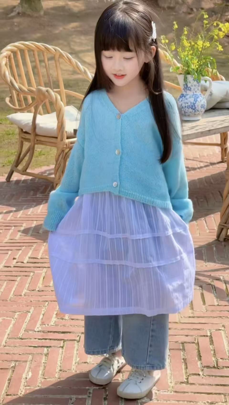 九子-2025春夏韩国亲子童装针织开衫Y073+牛仔裤K464+吊带CO2822