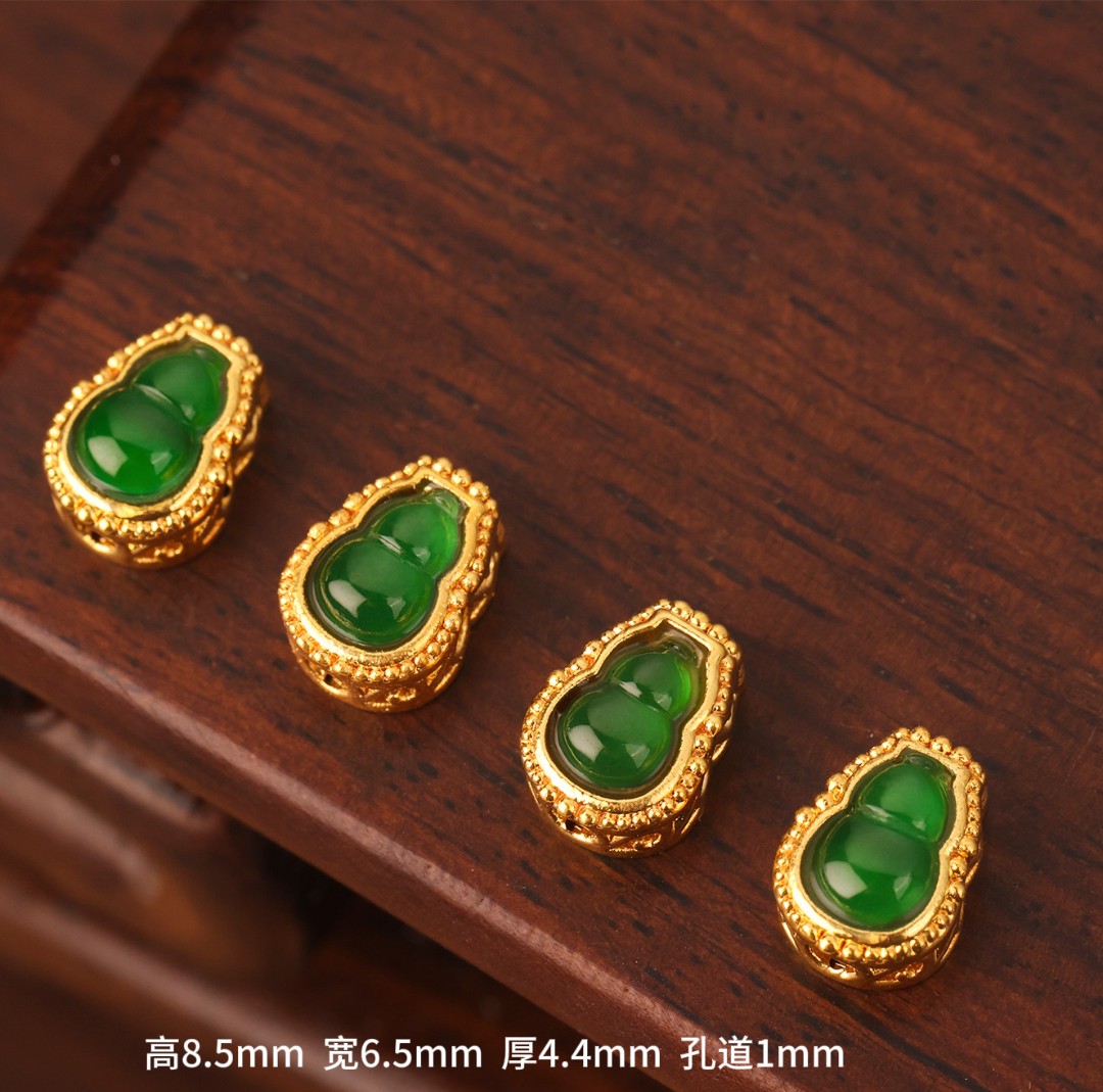 【来福工厂】18k金天然翡-翡高阶葫芦中穿蛋面背云DIY手串项链配件