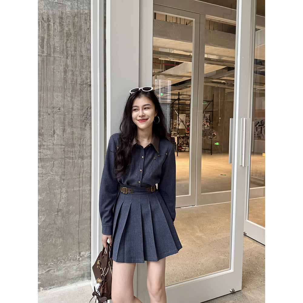 张阿星 【耶鲁蓝调】复古休闲感翻领撞色设计感小众收腰百搭连衣裙 