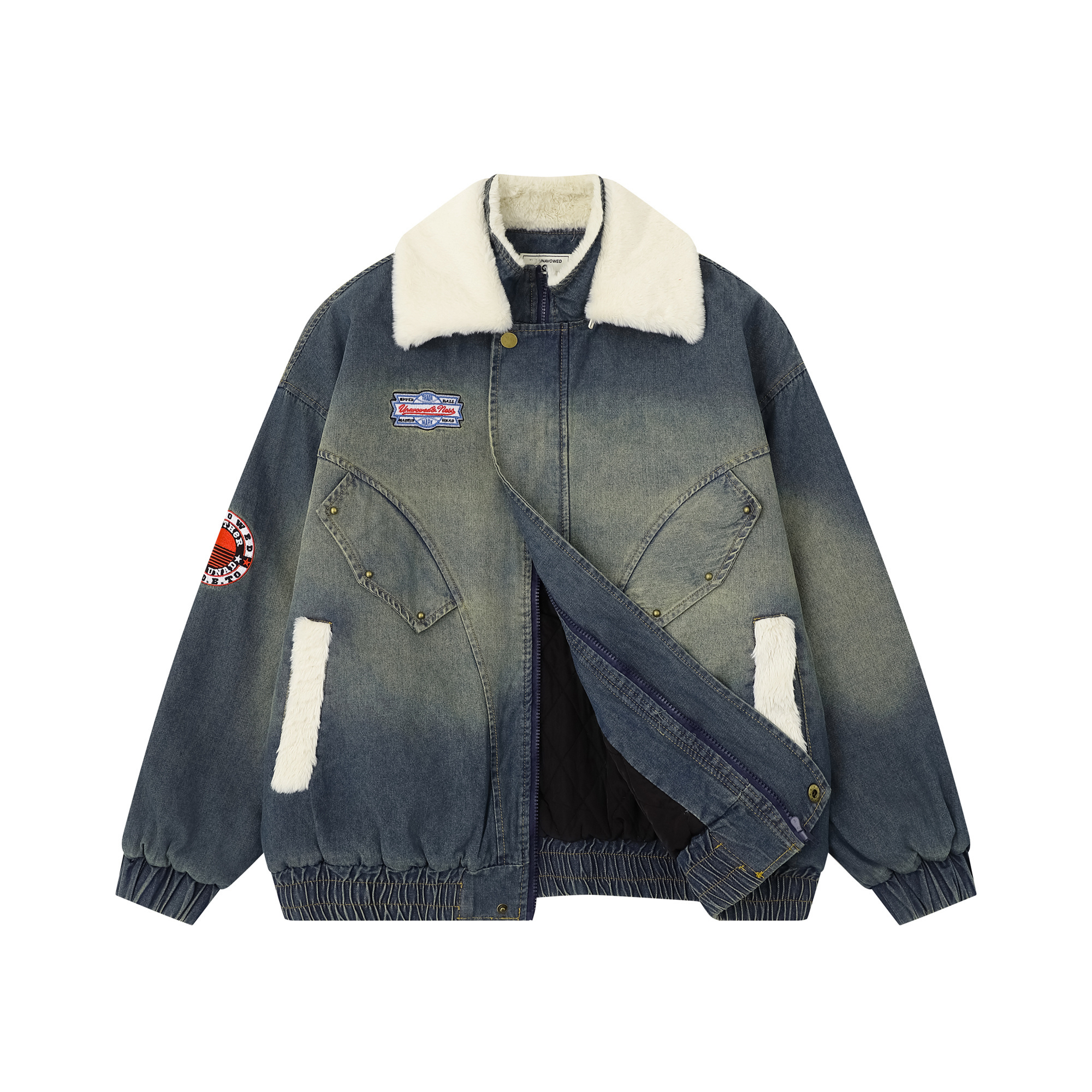 美式复古水洗毛领牛仔派克棉服