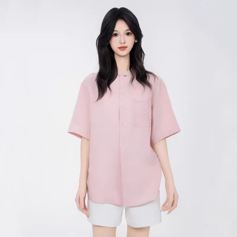 阿玛施AMASS春夏新款复古休闲时尚宽松亚麻圆领半袖衬衫女530060