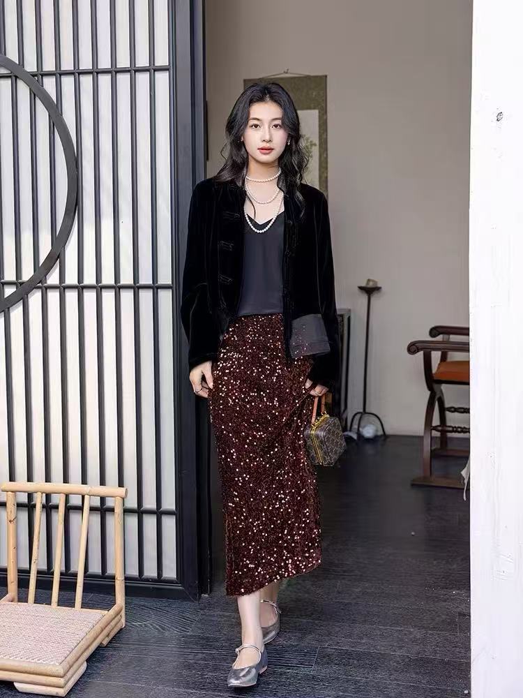 秋冬亮片松紧腰半裙