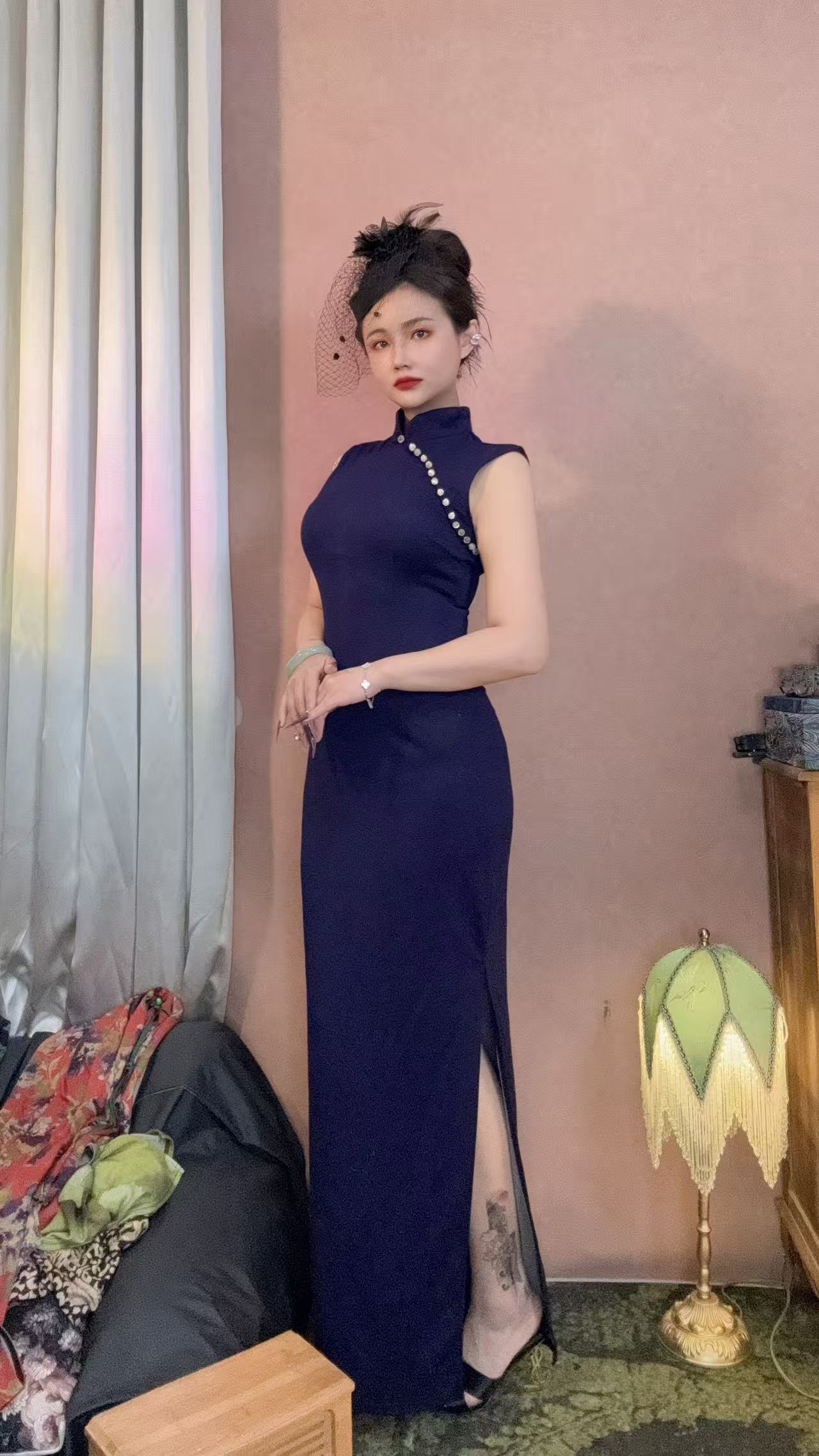 四月芳菲【藏蓝回忆】原创自制木兰棉夏季新款复古气质显瘦长款旗袍