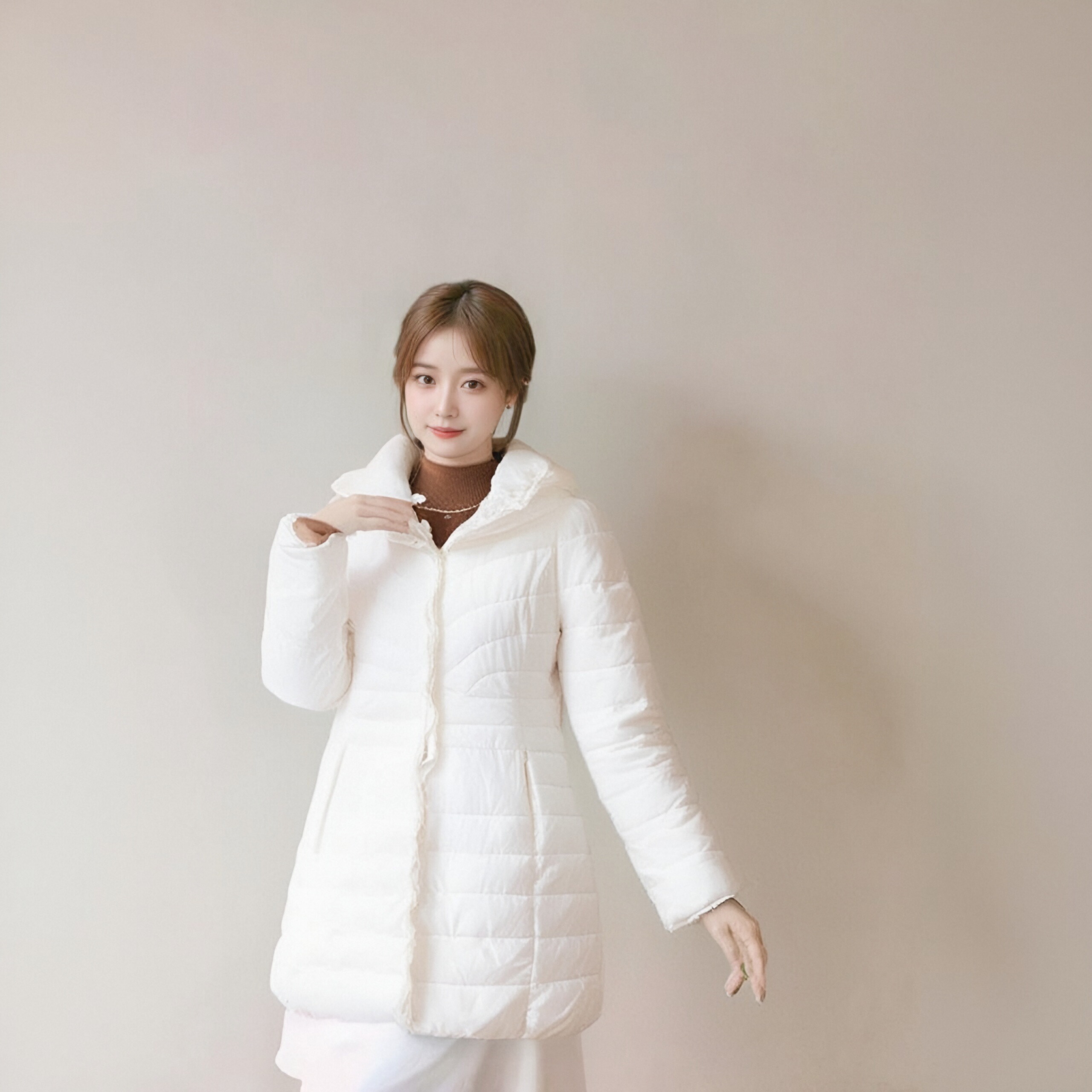 L4VBY0422#女士轻薄时尚秋冬甜美舒适休闲百搭连帽中长棉服