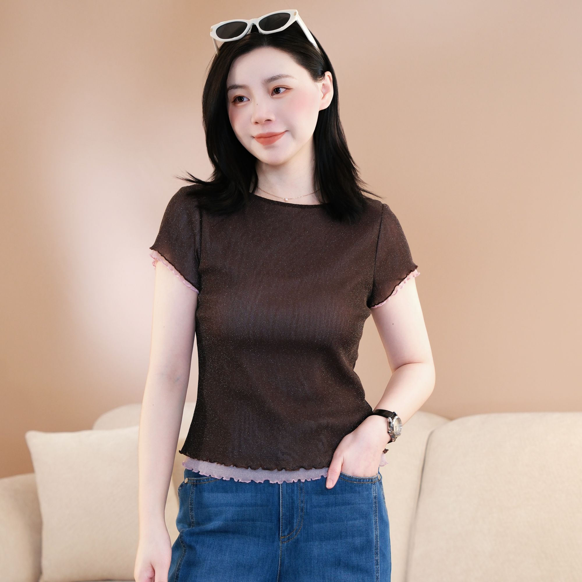 GIRDEAR/哥弟早春新品高级感双层拼色网纱轻薄时髦短袖T恤130162