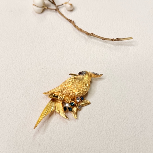 铜合金合成锆石胸针 【六六中古】孤品复古枝头鸟胸针tr0327