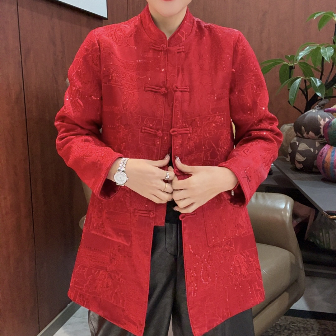新中式老钱风红色重工亮片加厚外套