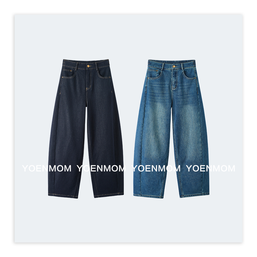 YOENMOM·思远·棉质复古水洗立裁斜线拼接半松紧腰加绒款牛仔裤