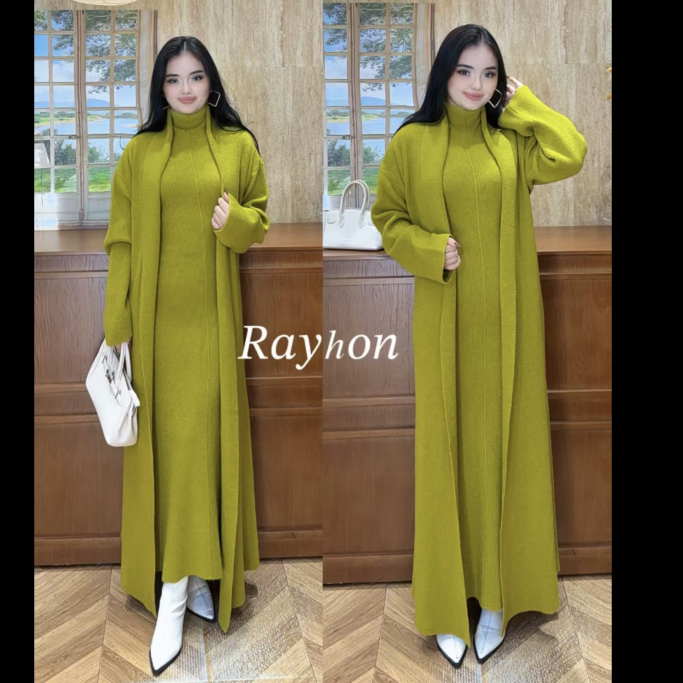 S 新款棉两件套高领针织连衣裙搭配长袖外套套装