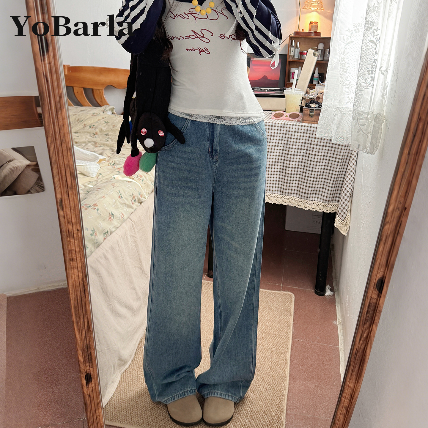 复古高腰直筒牛仔裤女秋冬加绒大码宽松显瘦梨形身材垂感阔腿裤子