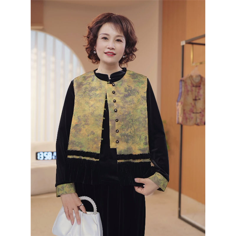 妈妈装秋装国风中式三件套气质中老年秋季套装荷叶边长袖马甲1123
