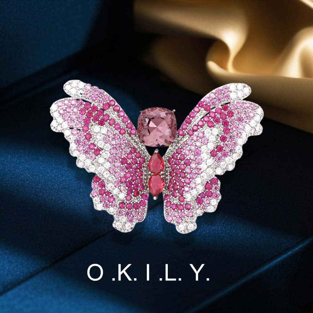 铜合金锆石胸针  BR0377 优雅重工镶嵌锆石浪漫粉锆石蝴蝶胸针女