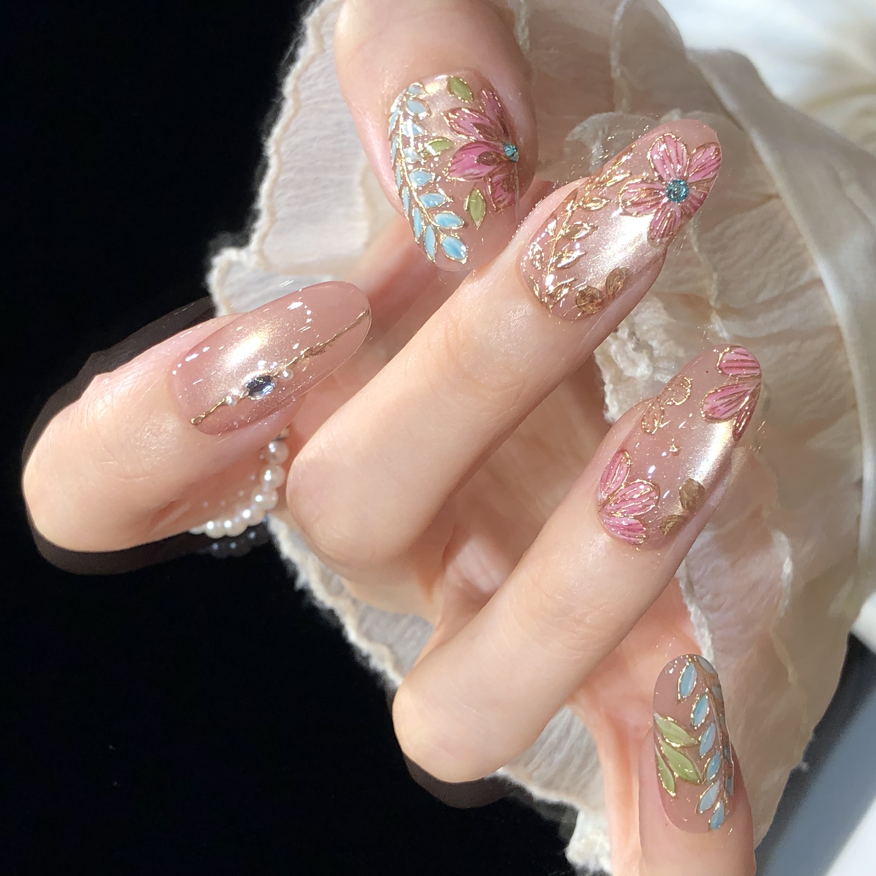 喵公子【叶语风吟】【华子钻设计师款】纯手工穿戴甲可拆卸美甲光疗甲