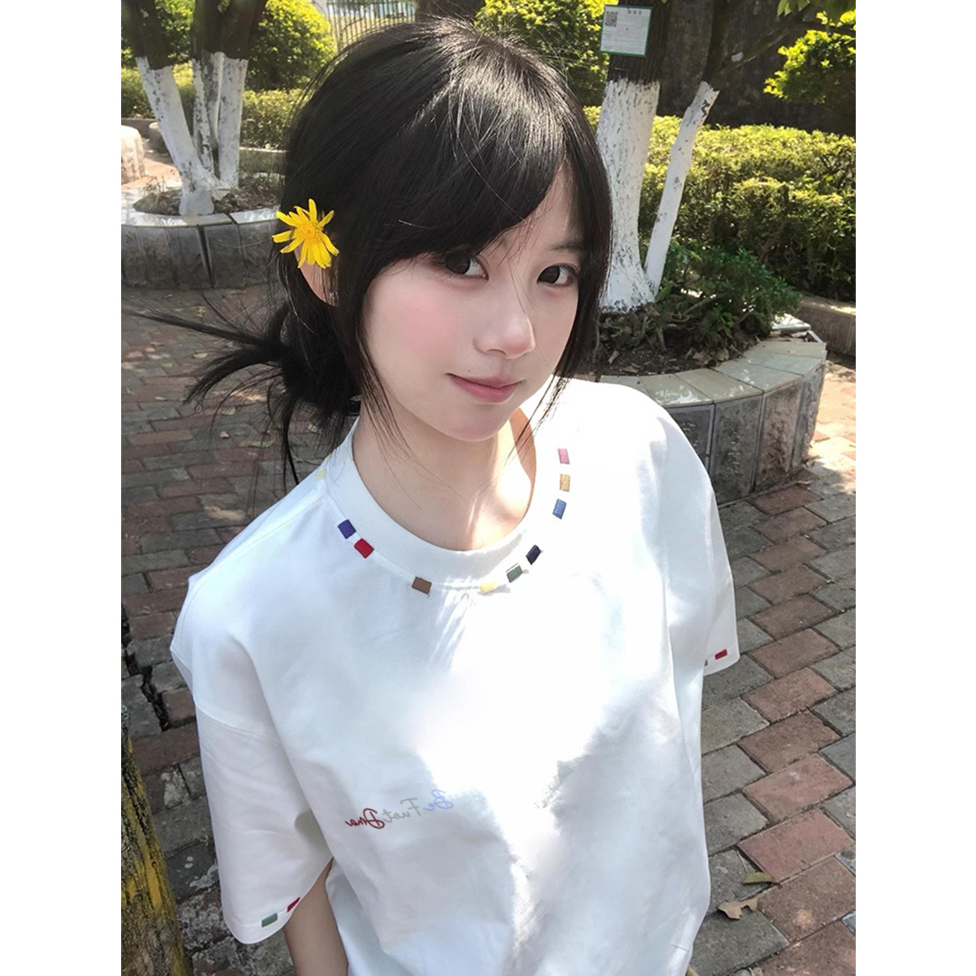 无品牌学院风美式复古设计感刺绣短袖t恤女时尚百搭纯棉半袖上衣