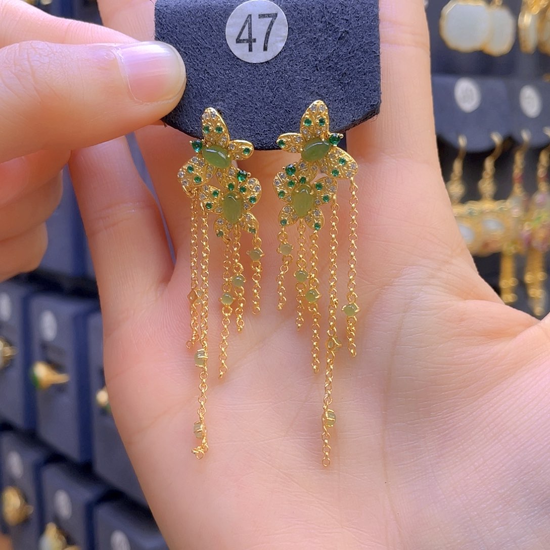 和田玉耳饰银S925镀金镶嵌