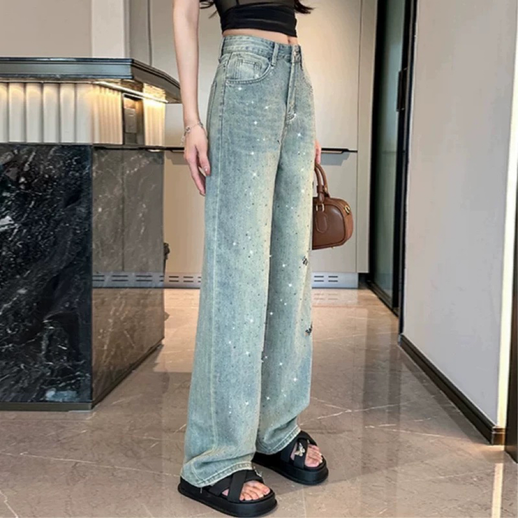 【9705】多#重工烫钻字母高腰直筒宽松牛仔裤