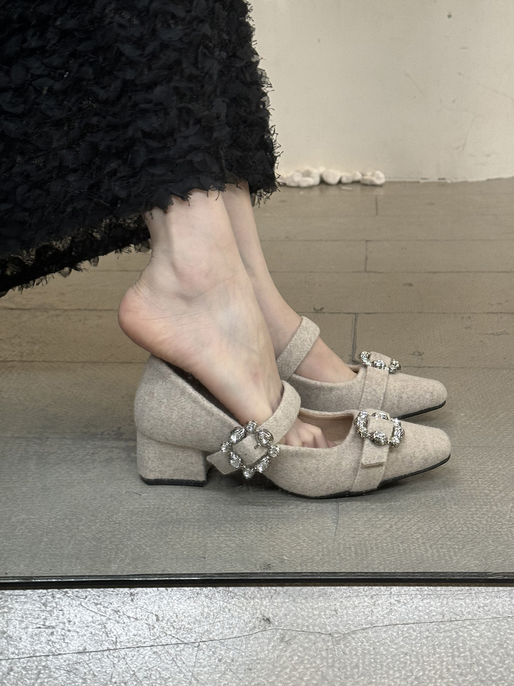 阿南儿~粗跟法式毛呢方头单鞋女2025加绒棉鞋水钻一字扣玛丽珍鞋