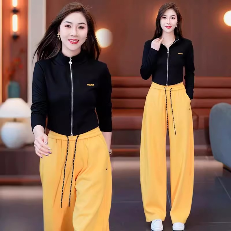 2025春季新款显瘦立领开衫短外套阔腿裤两件套时尚休闲运动套装女