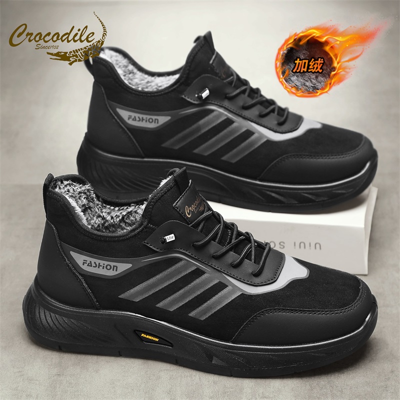 鳄鱼恤棉鞋男冬季加绒棉靴防滑软底老北京布鞋一脚蹬爸爸保暖男鞋