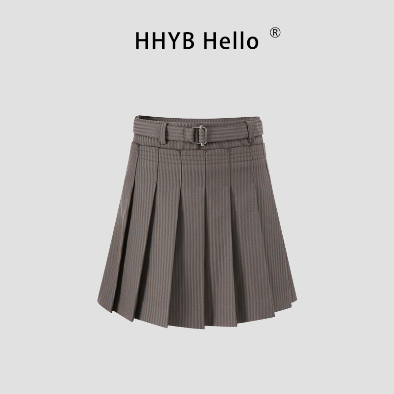 HHYB Hello新款可调节撞色腰带百褶短裙女复古气质半身裙H40033