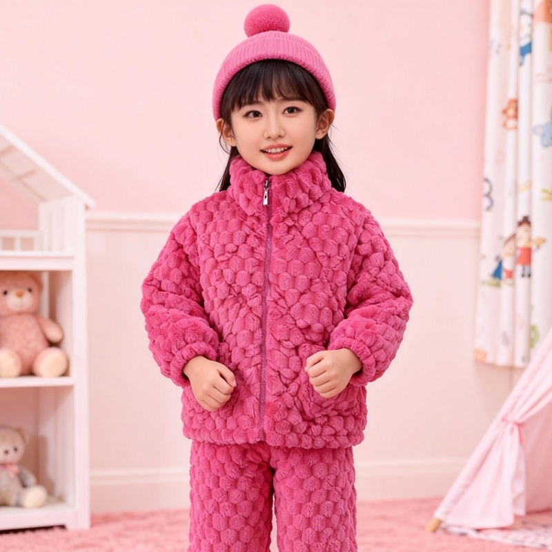 秋冬季冬款睡衣男童女童装保暖珊瑚绒加绒加厚款夹棉宝宝家居服厚