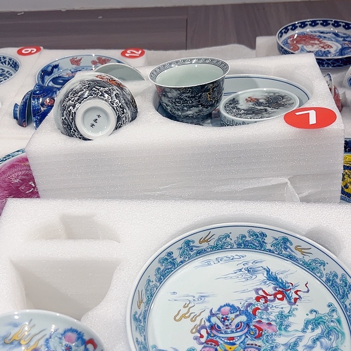 长***笑水墨腾龙+斗彩醒狮5件套