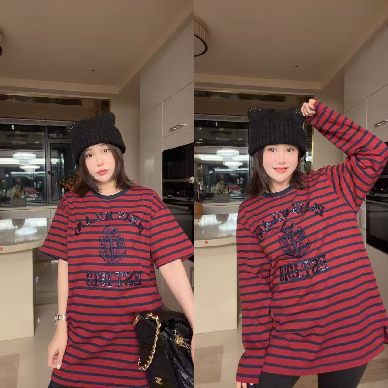 【开运红T恤】P家撞色条纹大T8726018/8726058（衣长约75cm）