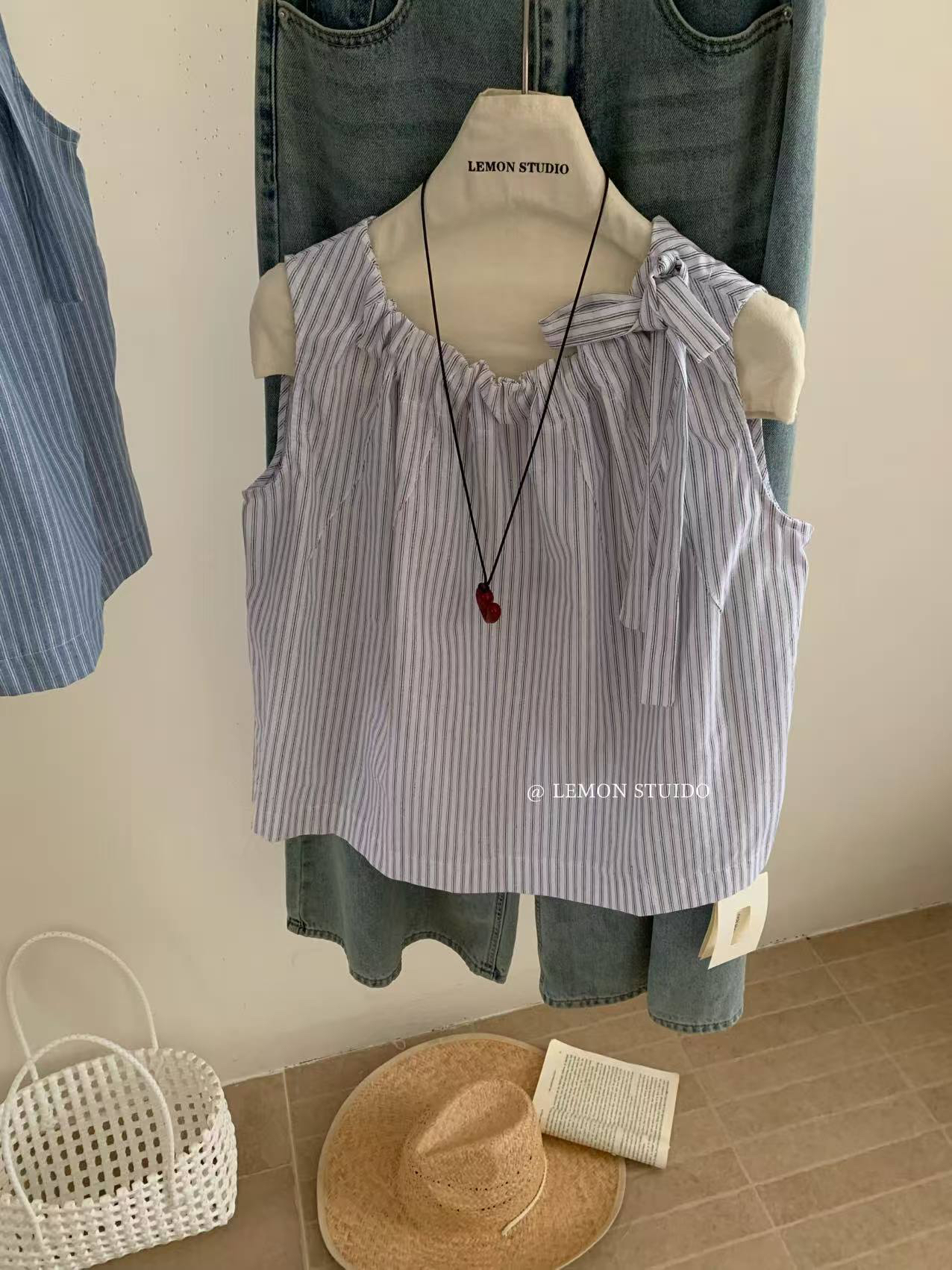 lemon@2616 韩系条纹无袖系带小衫上衣 5-30